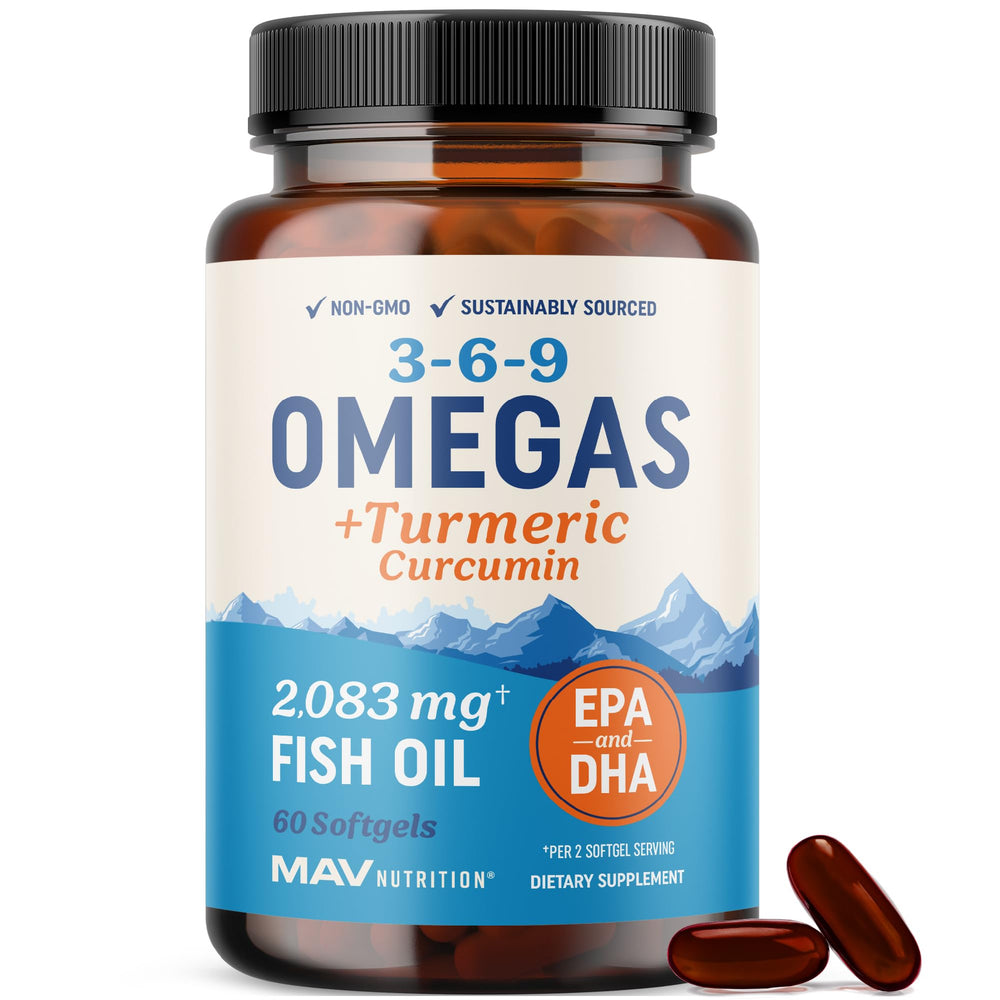 MAV Nutrition Omega 369 Turmeric bottle shows a balanced blend for mobility and heart support.