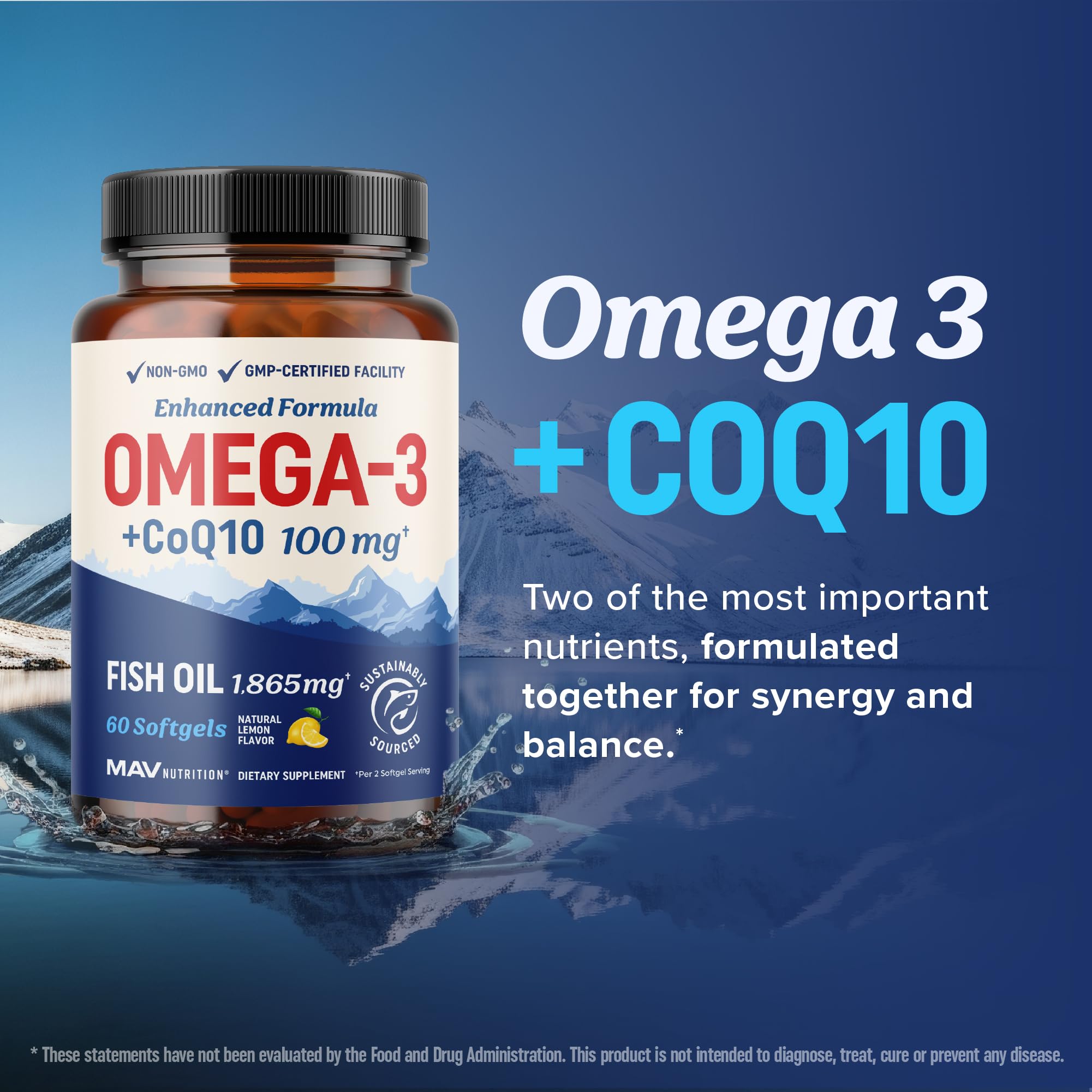 MAV Nutrition Omega-3 CoQ10 bottle shows 100 mg CoQ10 per serving illustration