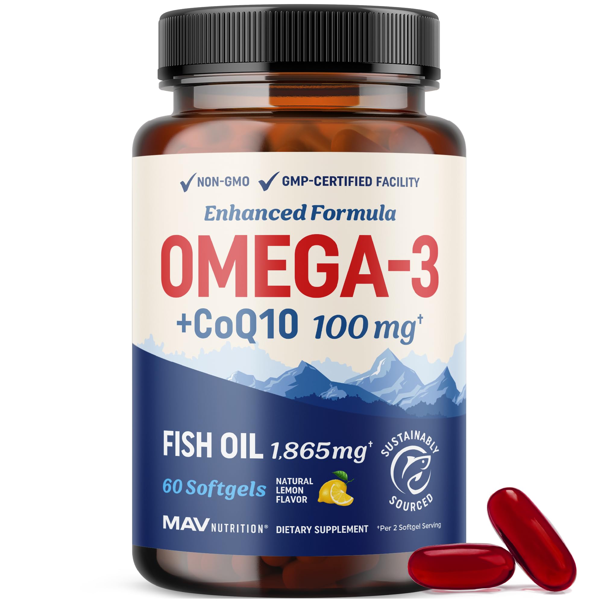 MAV Nutrition Omega-3 CoQ10 lemon bottle front highlights heart health support and high‑quality fish oil