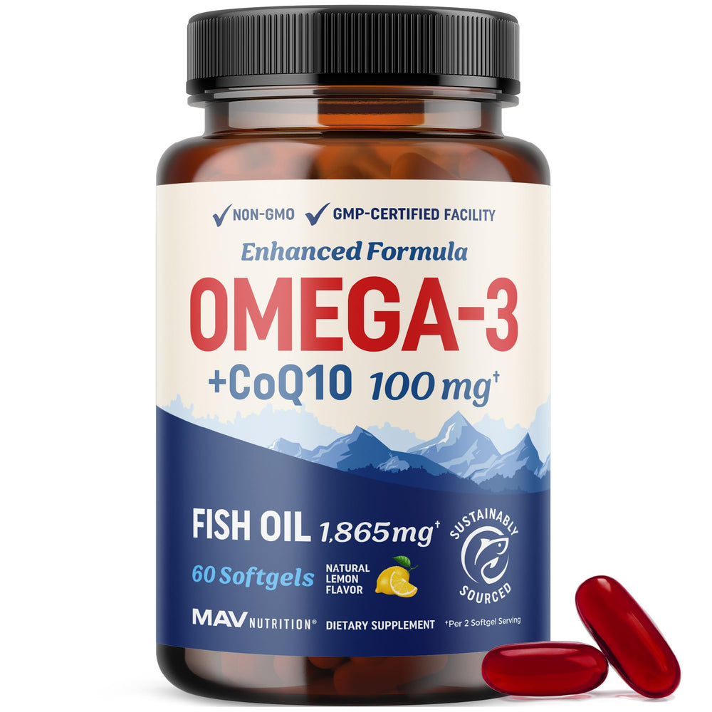 MAV Nutrition Omega-3 CoQ10 lemon bottle front highlights heart health support and high‑quality fish oil