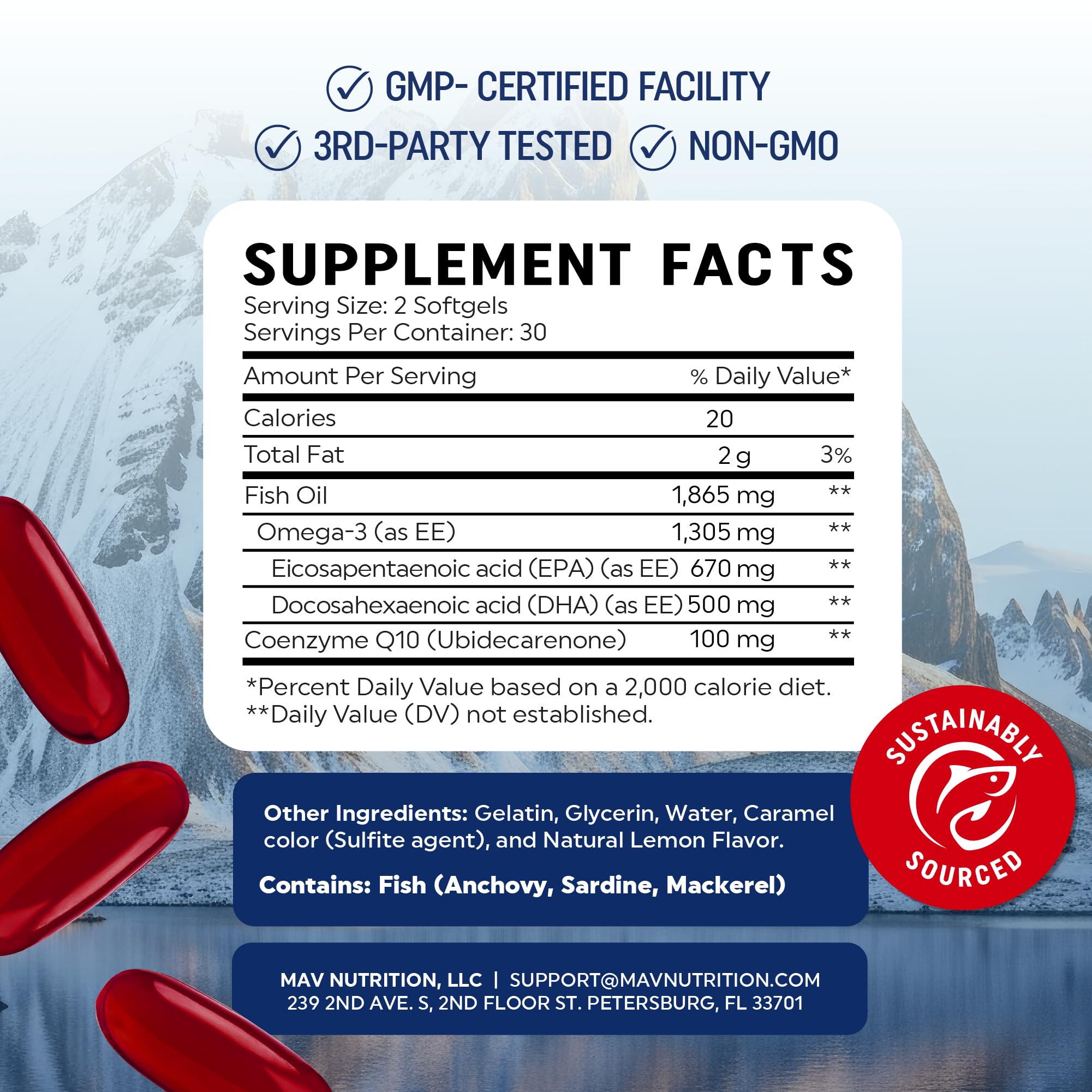 MAV Nutrition Omega-3 CoQ10 sustainably sourced fish oil badge