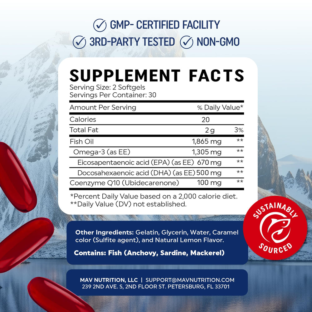 MAV Nutrition Omega-3 CoQ10 sustainably sourced fish oil badge