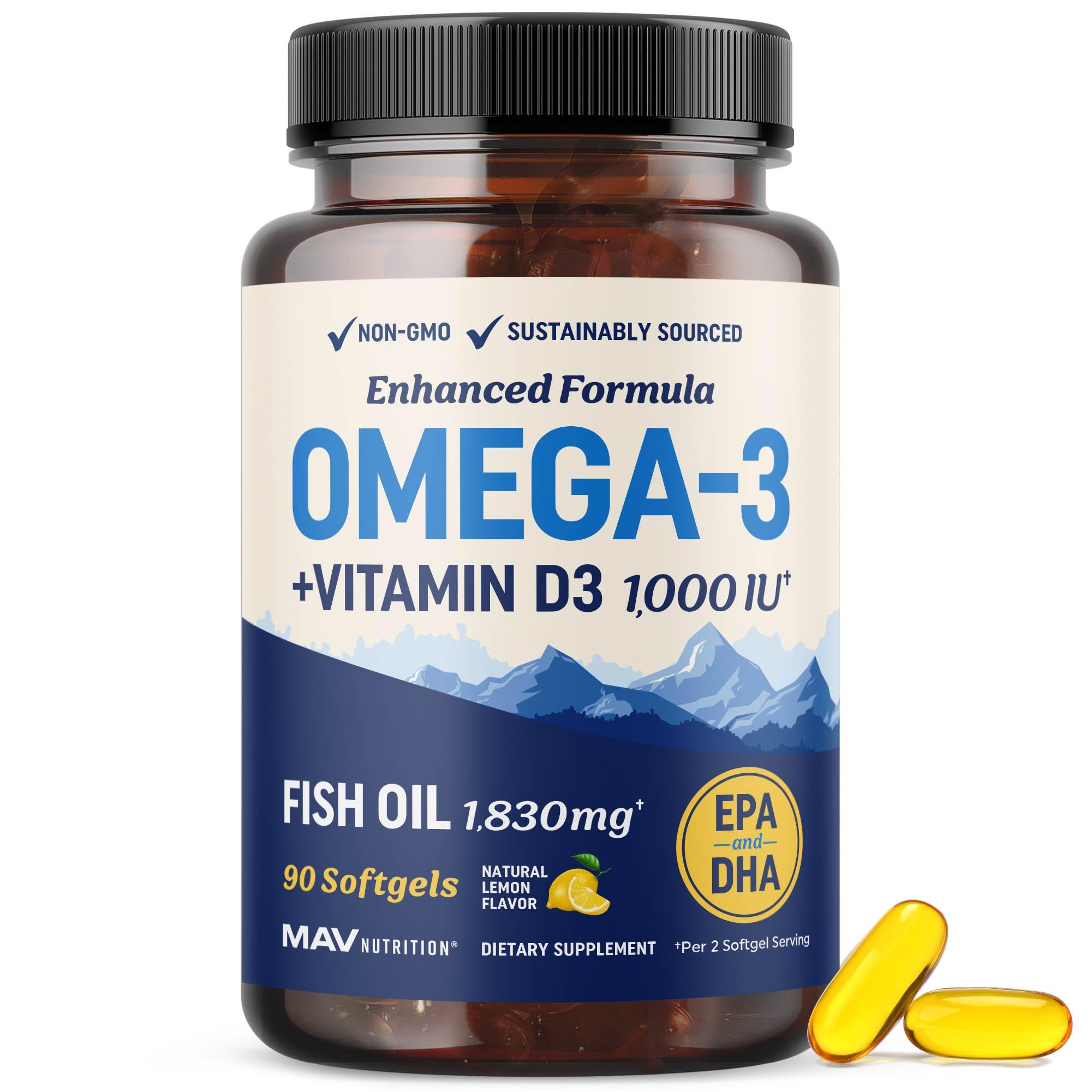 MAV Nutrition Omega 3 D3 bottle front view for daily wellness support.