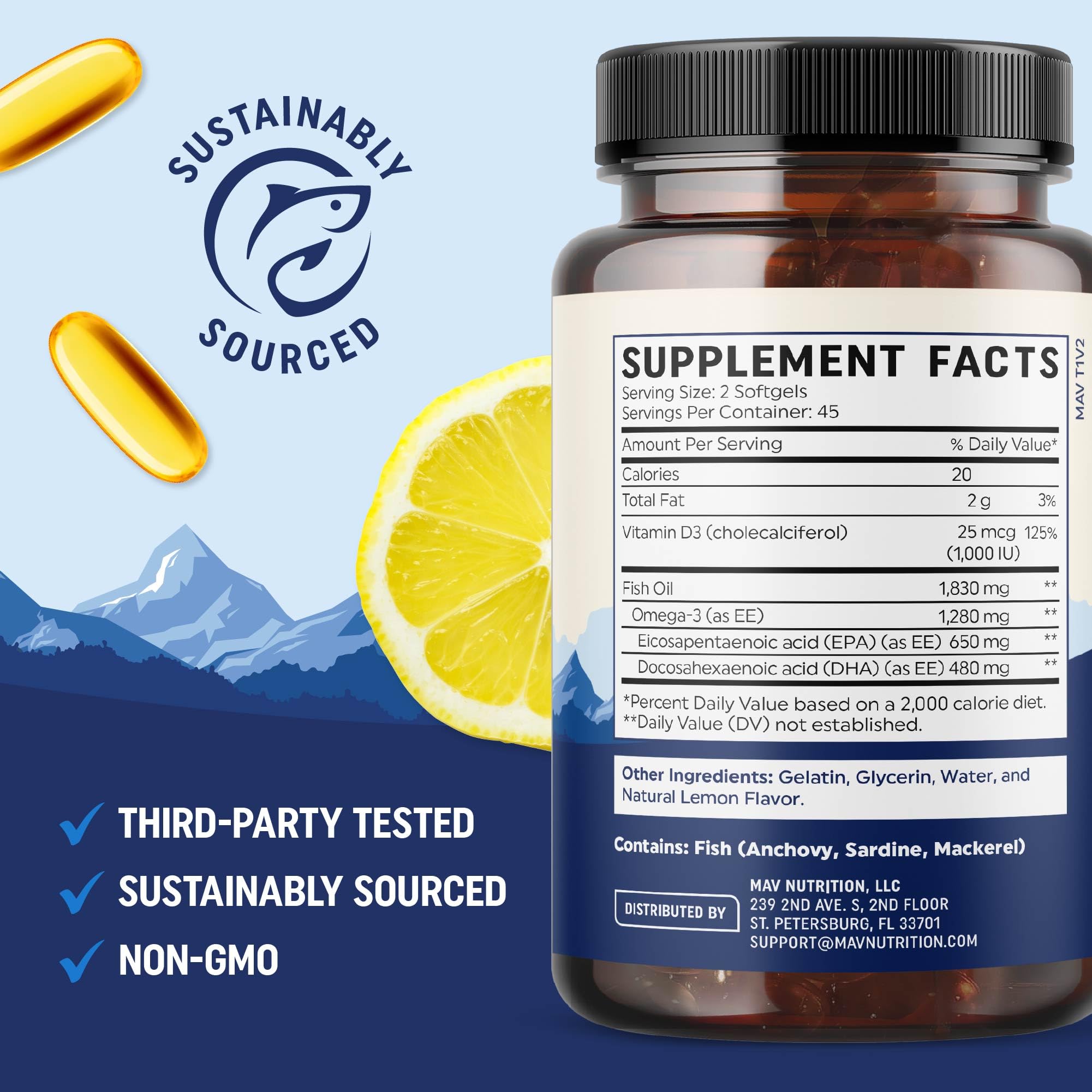 MAV Nutrition Omega 3 D3 fish oil ingredient panel with EPA and DHA.