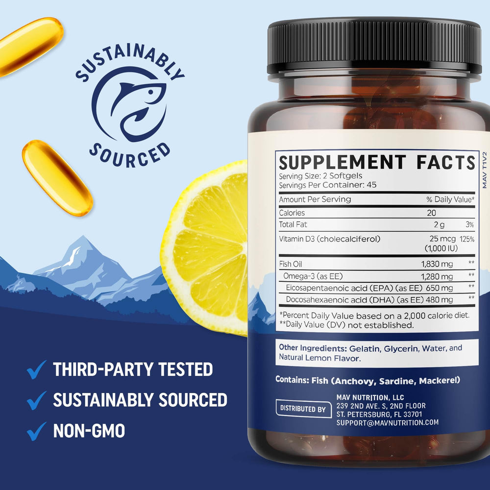 MAV Nutrition Omega 3 D3 fish oil ingredient panel with EPA and DHA.