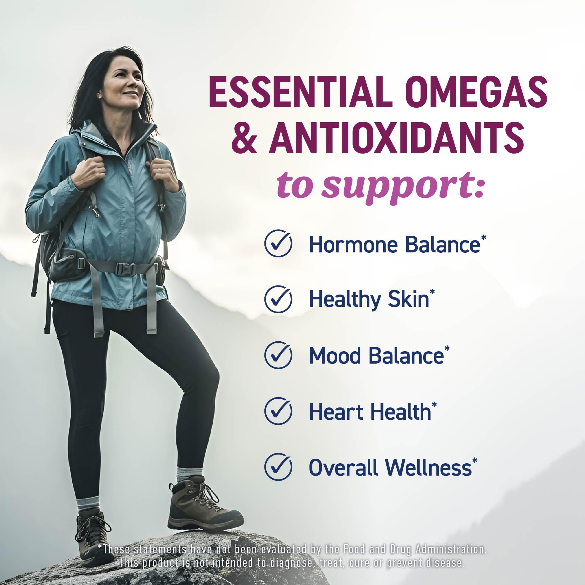 MAV Nutrition Omega-3 Women bottle highlights EPA and DHA for healthy skin and mood.