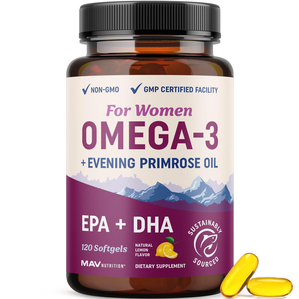 MAV Nutrition Omega-3 Women lemon softgels offer burpless daily skin and wellness support.