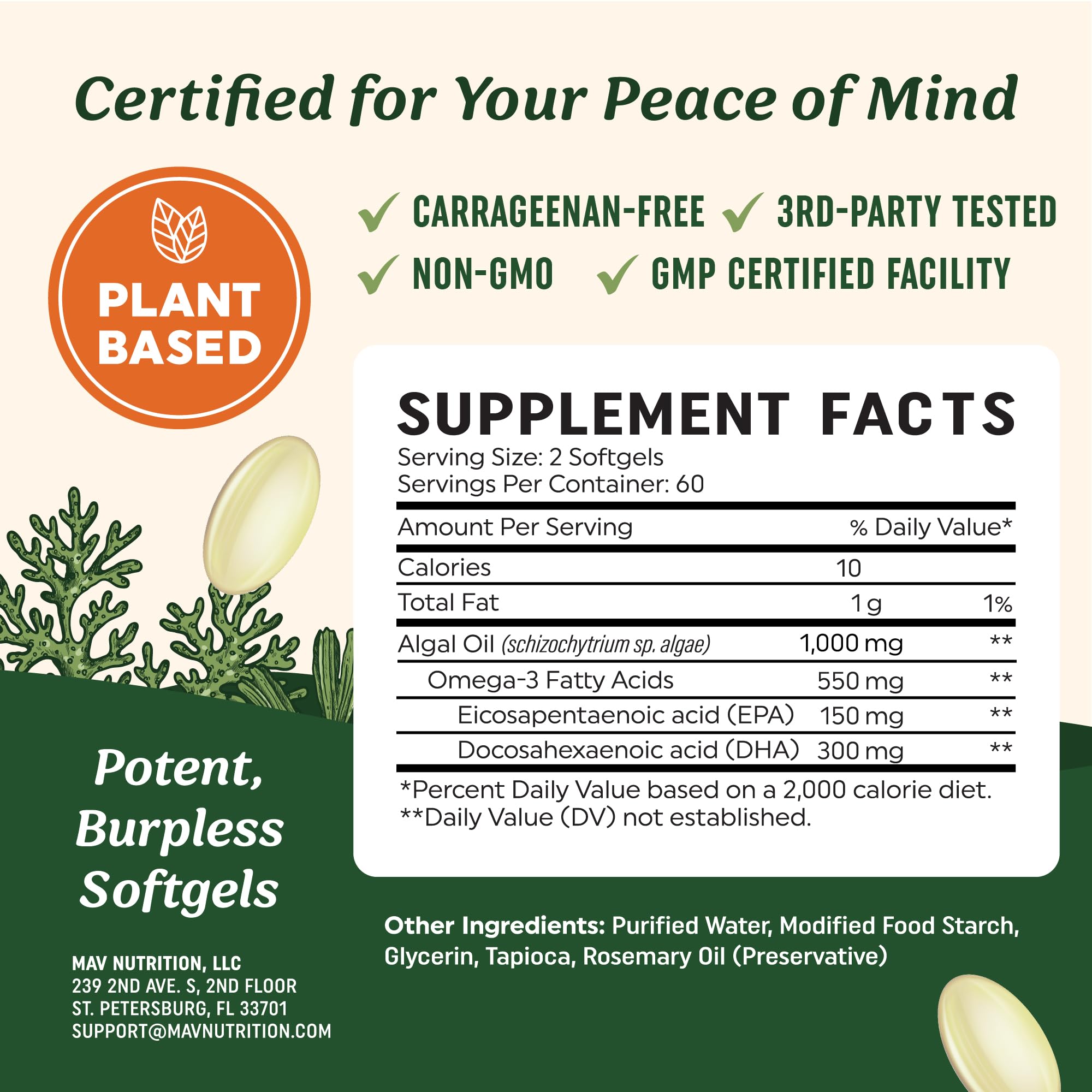 Plant-based omega-3 DHA/EPA softgels from MAV Nutrition