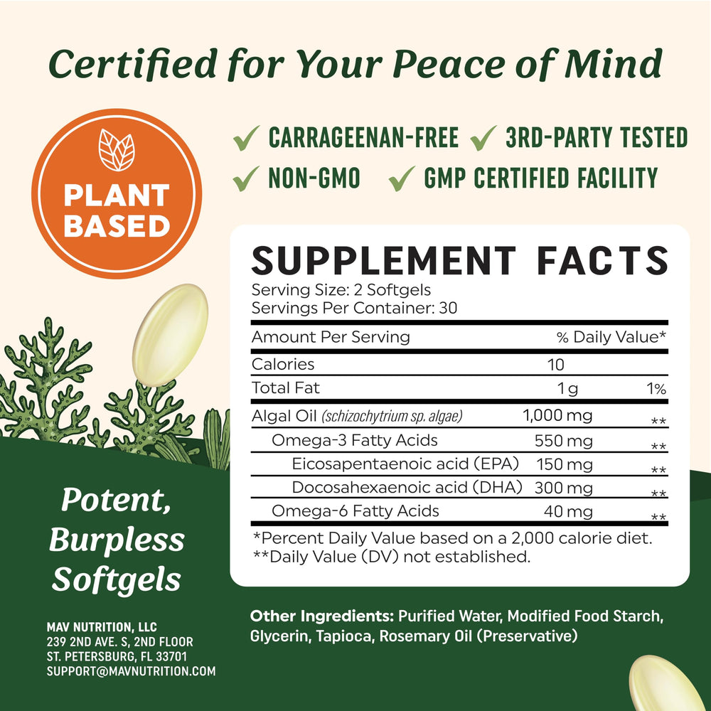 Plant-based omega-3 softgels from MAV Nutrition for easy daily use