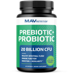 MAV Nutrition Prebiotics and Probiotics bottle close-up for daily gut support