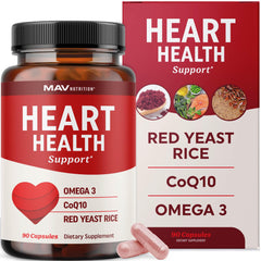 MAV Nutrition Red Yeast Rice bottle highlighting 1200 mg formula for heart health support.