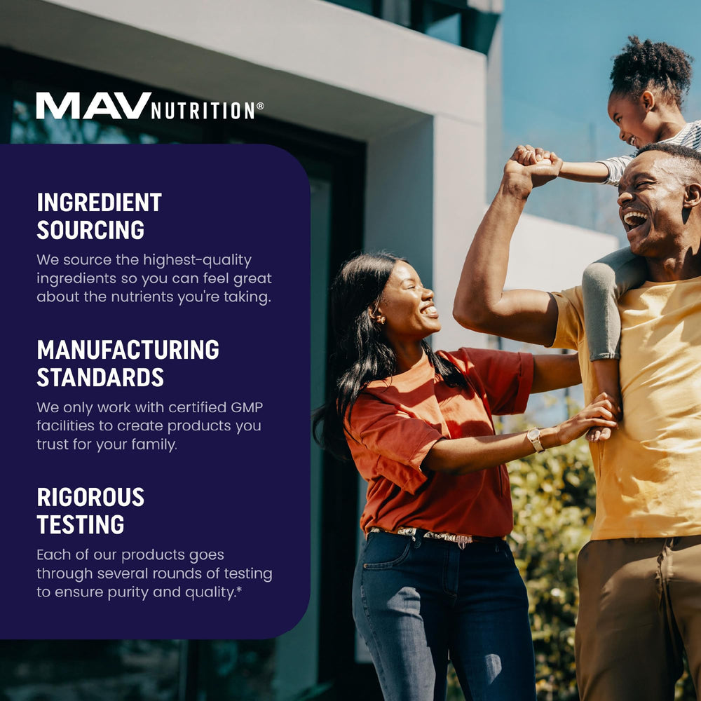 MAV Nutrition gluten-free badge on packaging appealing to allergen-aware buyers.