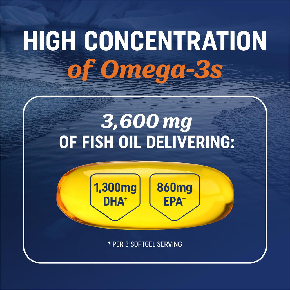 MAV Nutrition triple-strength omega-3 bottle pour, showing easy-to-swallow softgels with burpless citrus flavor.