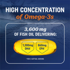 MAV Nutrition triple-strength omega-3 bottle pour, showing easy-to-swallow softgels with burpless citrus flavor.