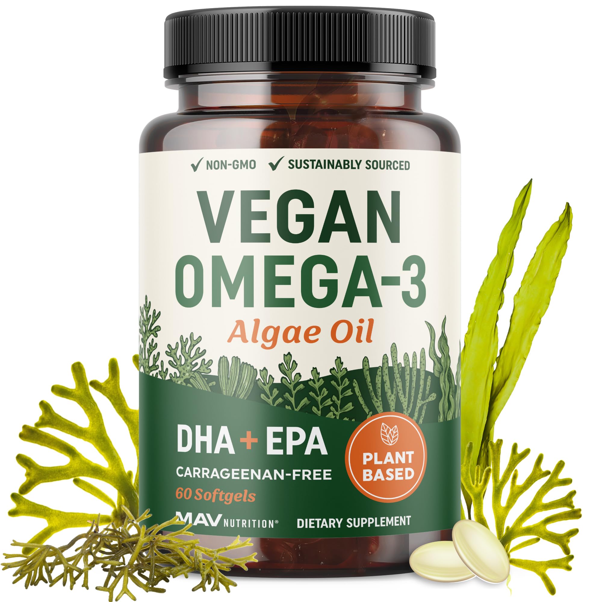 MAV Nutrition vegan omega3 algae oil bottle showing plant-based DHA and EPA benefits