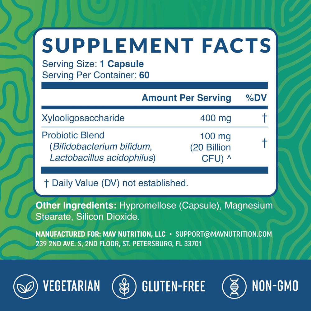 MAV Nutrition vegetarian and gluten free label for clean synbiotic choice