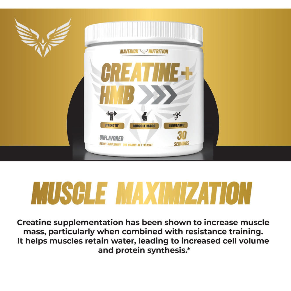 Maverick Nutrition Creatine HMB powder label highlights 30 servings.