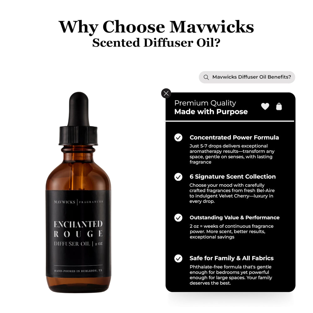 Mavwicks Enchanted Rouge diffuser oil in use with water for aroma diffusion.