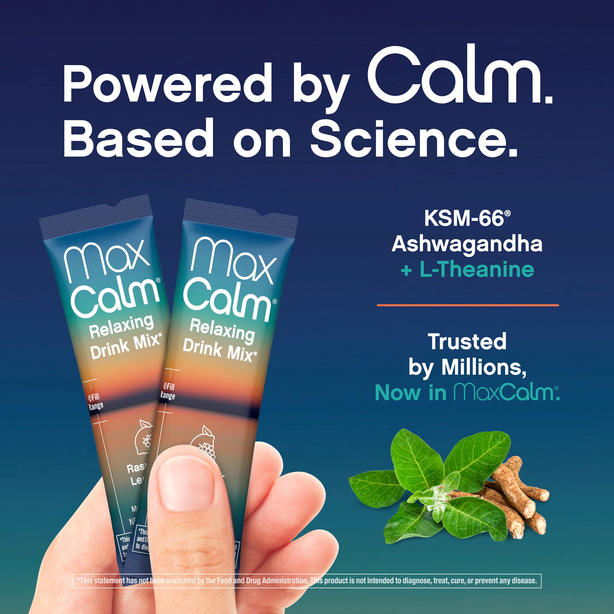 Max Calm Ashwagandha KSM-66 image emphasizes natural stress balance and focus support.