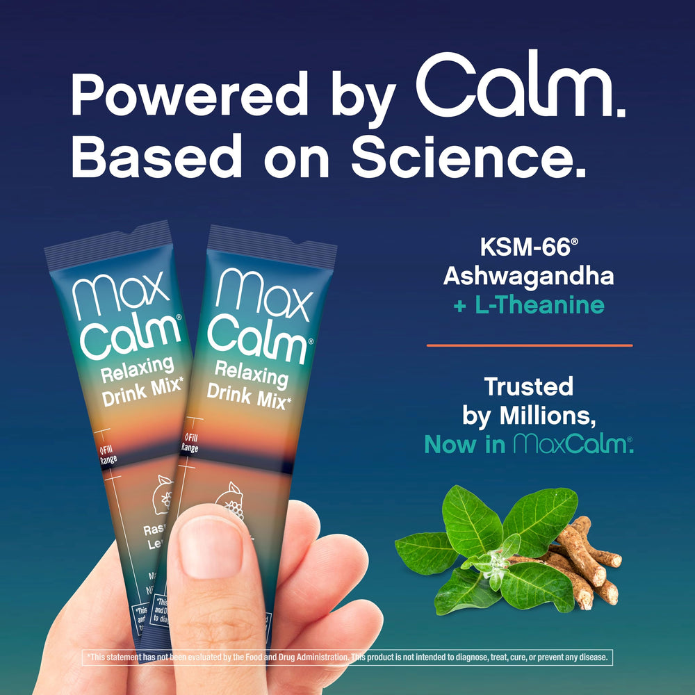 Max Calm Ashwagandha KSM-66 image emphasizes natural stress balance and focus support.