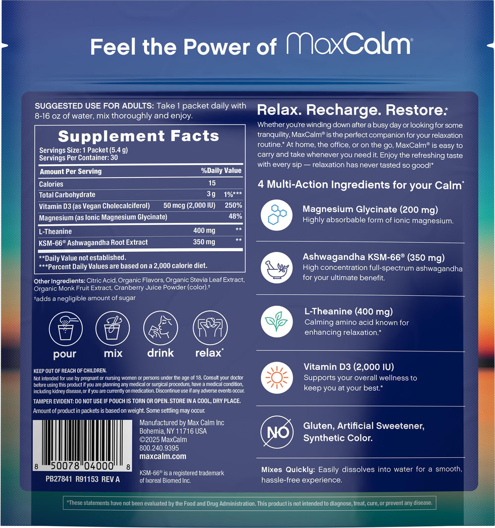 Max Calm dissolving in water shows a smooth, grit-free raspberry-lemonade blend.