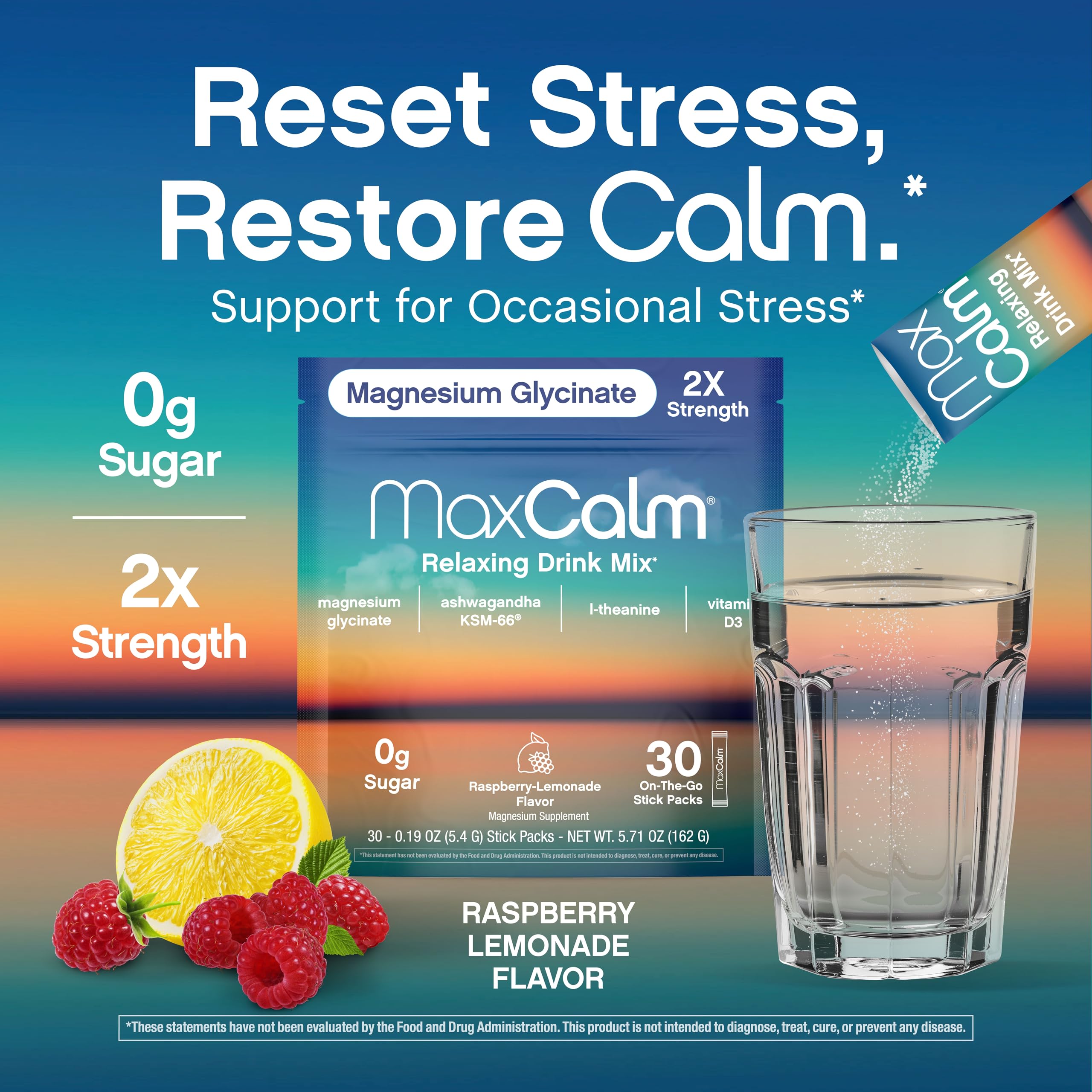 Max Calm illustration highlights two-times magnesium glycinate for added relaxation support.