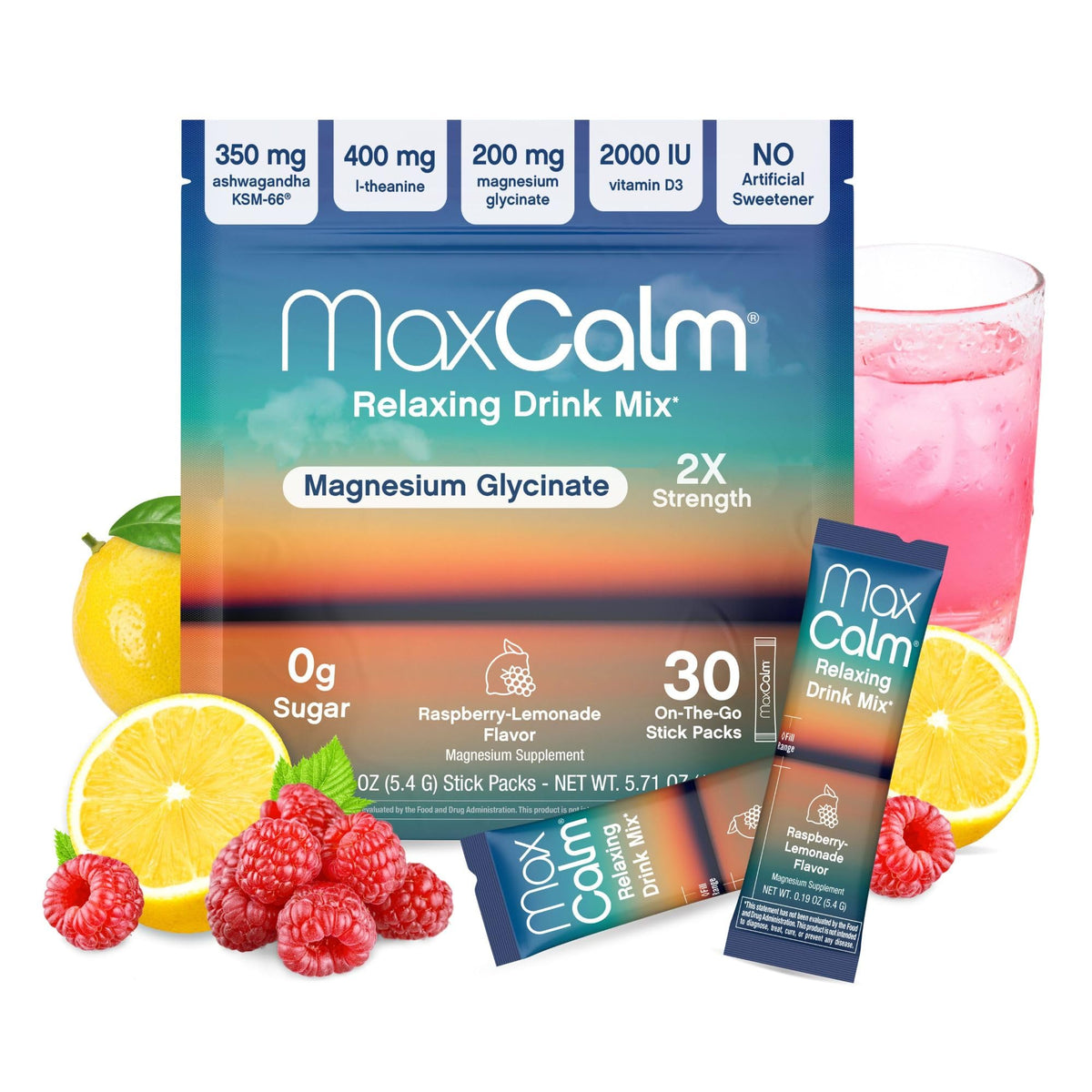 Max Calm raspberry-lemonade powder dissolves quickly for a refreshing, on-the-go calm.