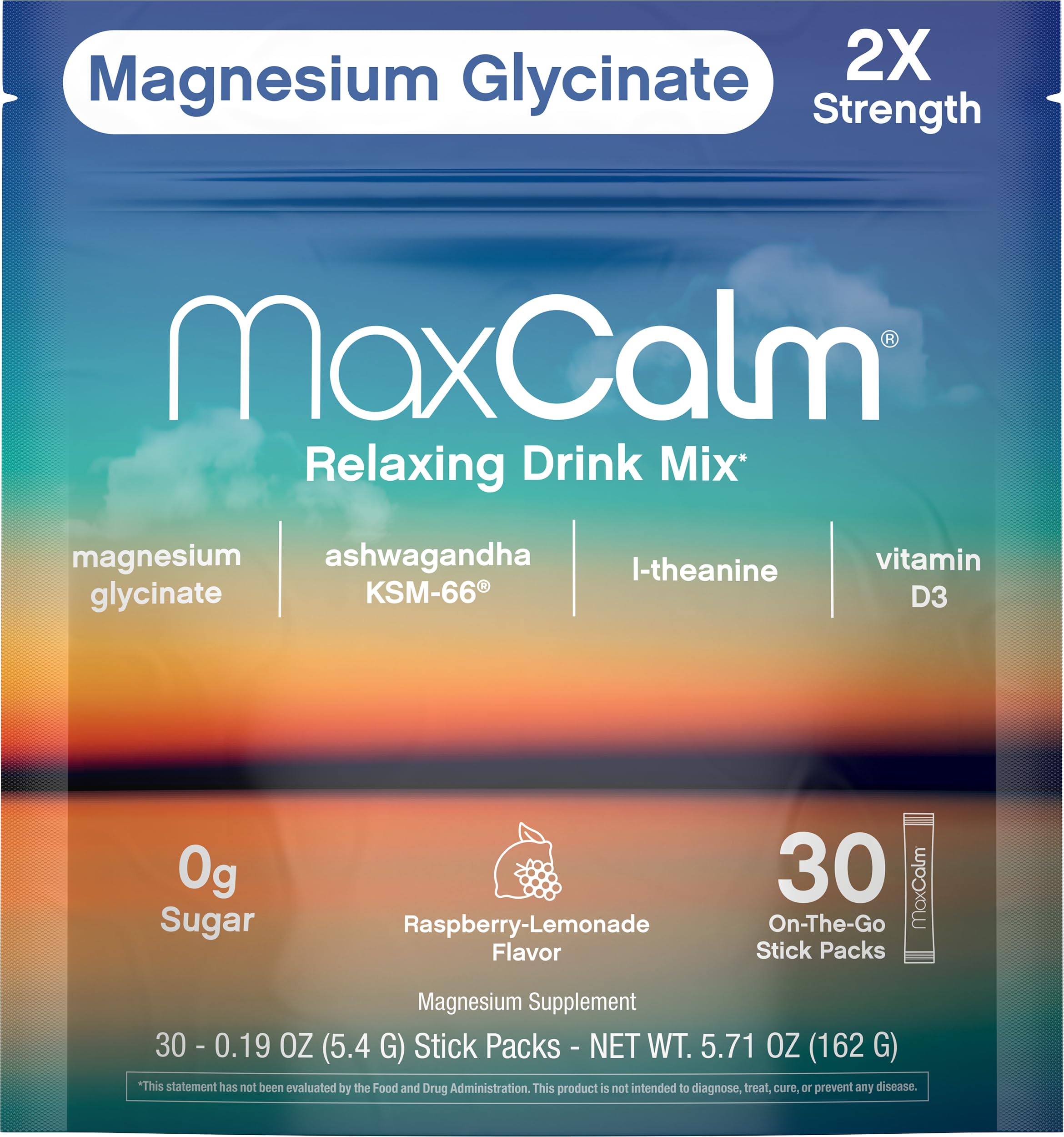 Closeup of Max Calm stick pack for convenient single-serve use.