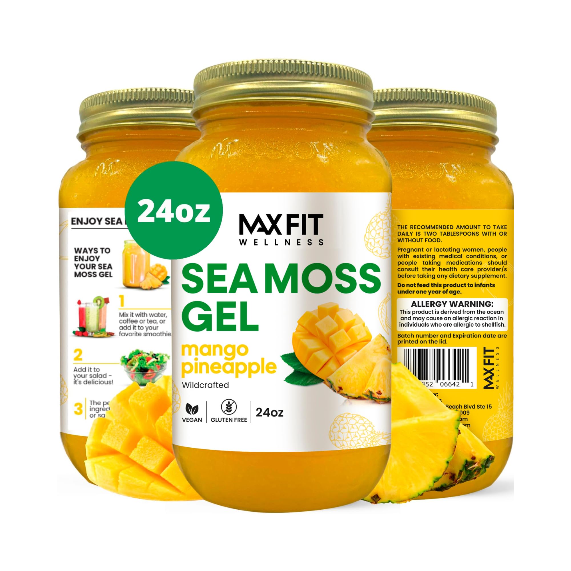 MAX FIT Sea Moss Gel 24oz jar close-up showing smooth texture for easy mixing.
