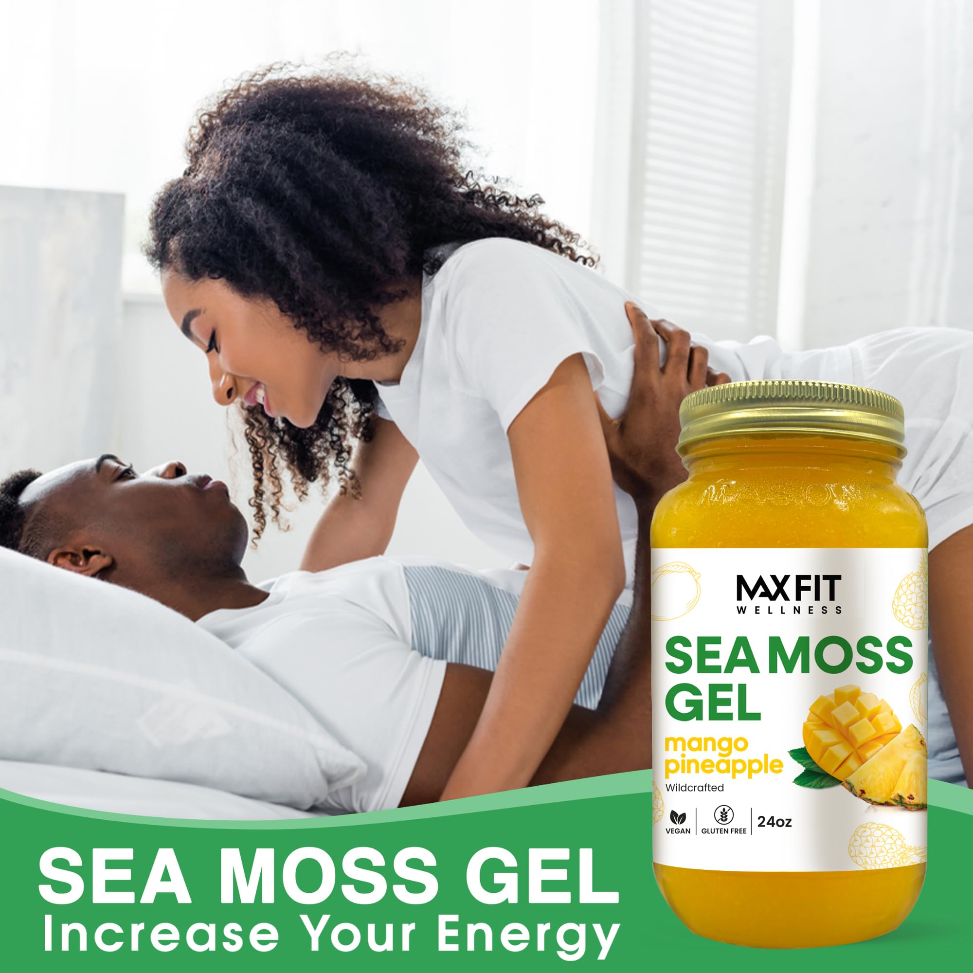 MAX FIT Sea Moss Gel jar on shelf hints at long refrigerated shelf life.