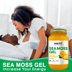 MAX FIT Sea Moss Gel jar on shelf hints at long refrigerated shelf life.