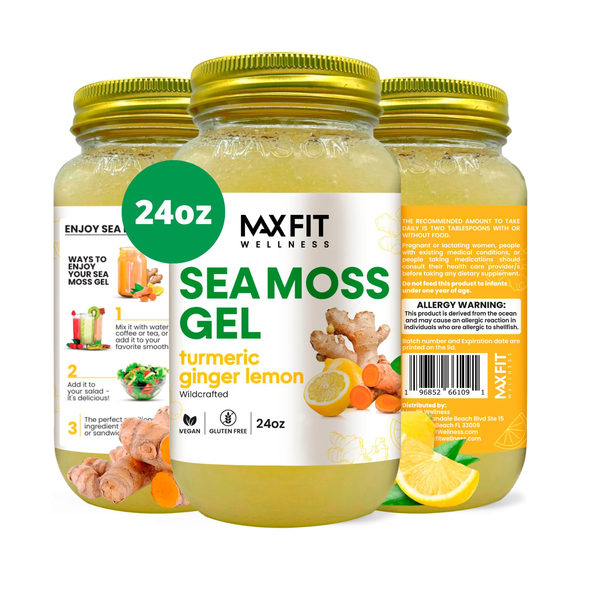 MAX FIT Sea Moss Gel Turmeric Ginger Lemon jar close-up – flavorless base ideal for smoothies.