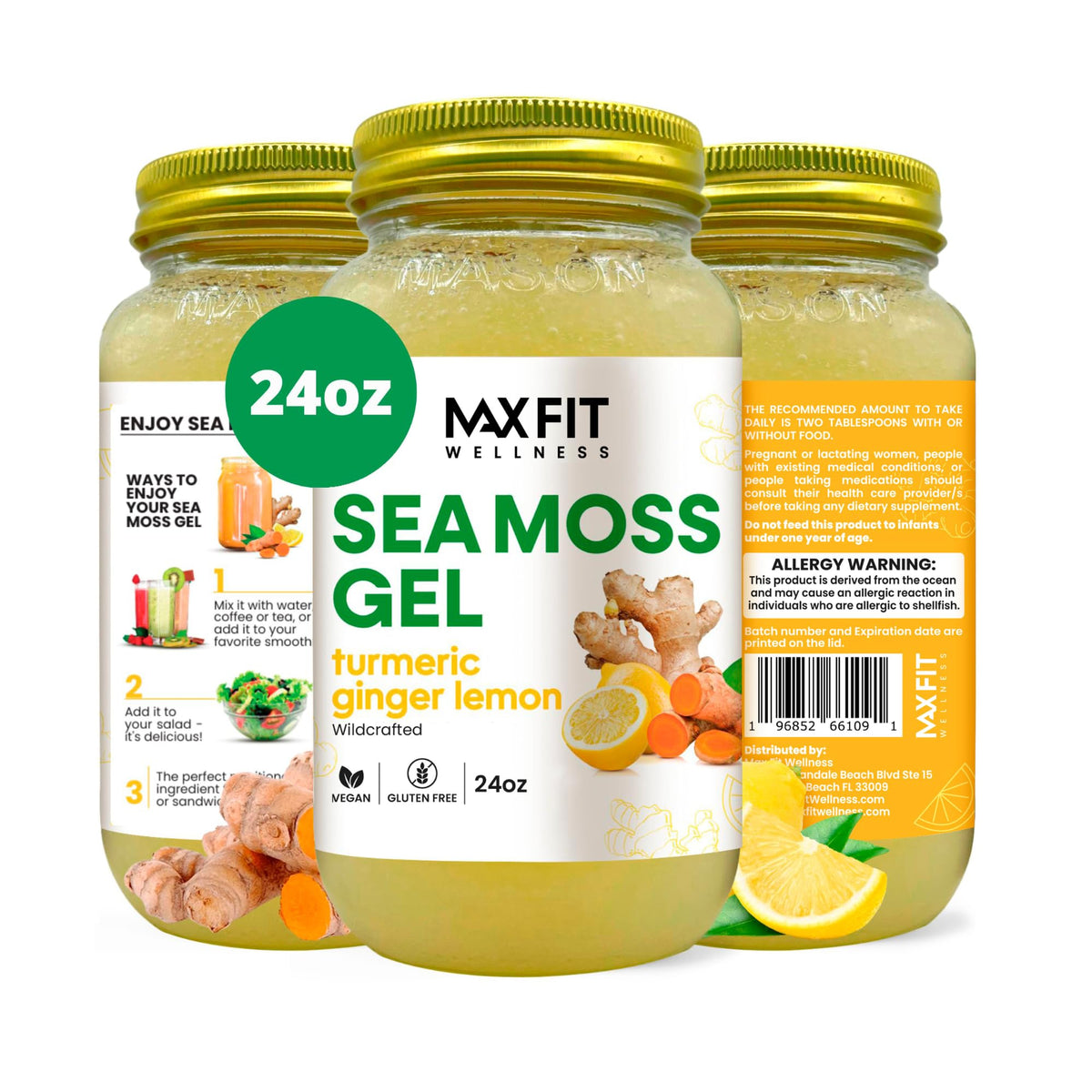 MAX FIT Sea Moss Gel Turmeric Ginger Lemon jar close-up – flavorless base ideal for smoothies.