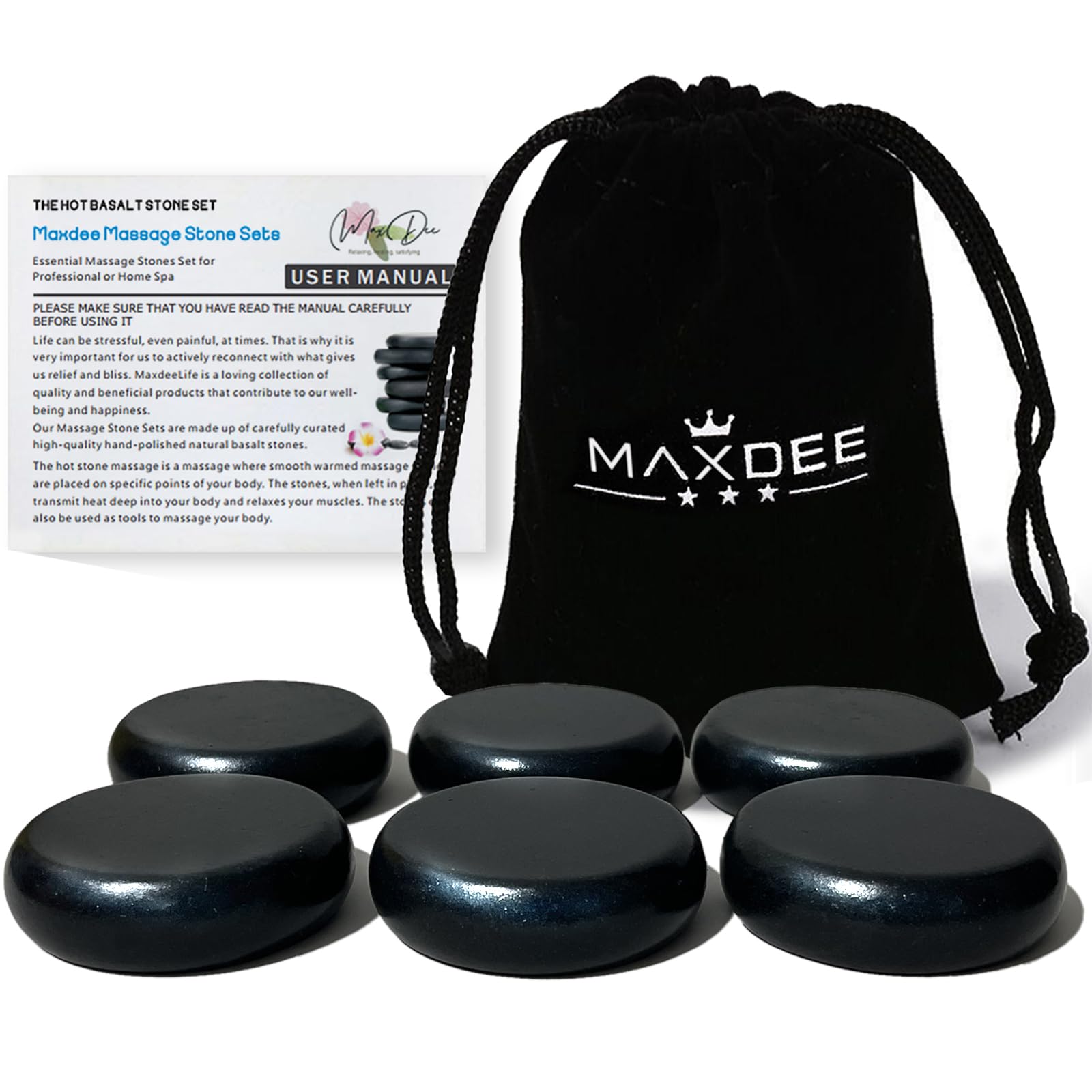 Maxdee hot stones six-pack arranged for professional massage sessions.