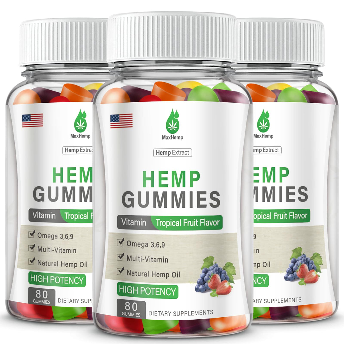 MaxHemp 3-Pack gummies packshot for convenient daily hemp supplement