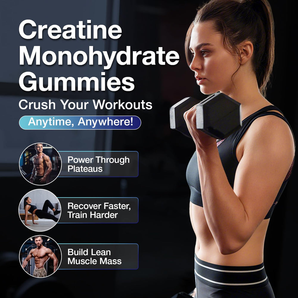 Four gummies serving visual showing 5g creatine monohydrate per dose.
