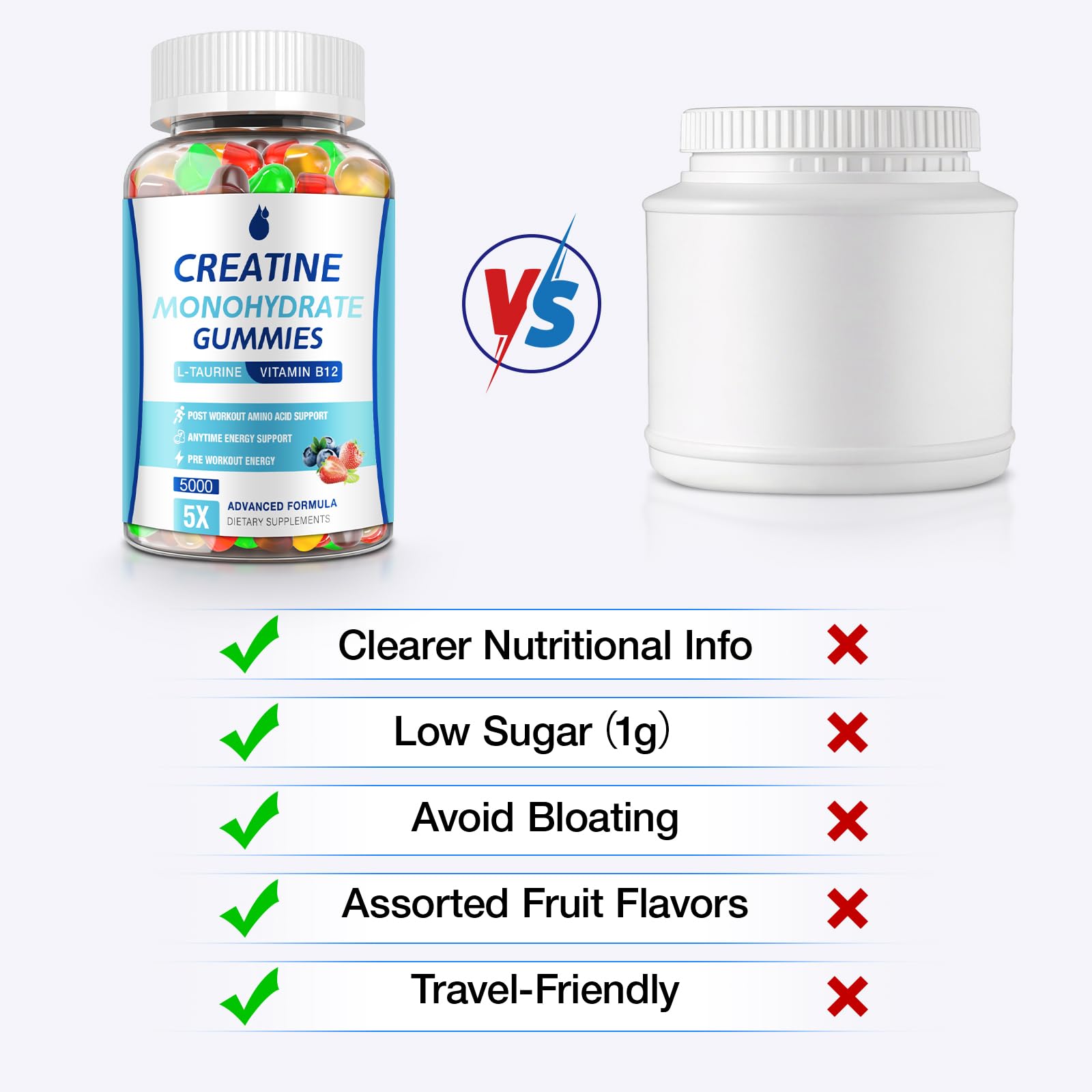 Travel-ready resealable pouch of MaxHemp Creatine Gummies beside a water bottle.