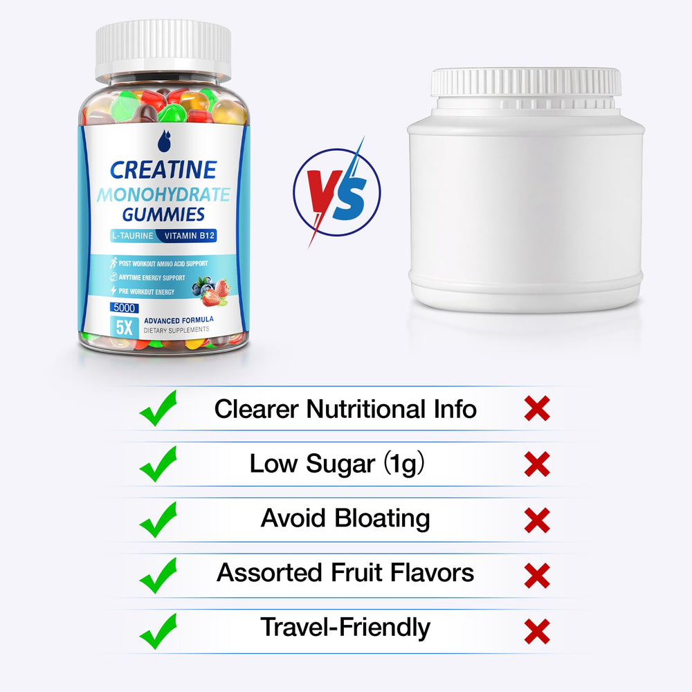 Travel-ready resealable pouch of MaxHemp Creatine Gummies beside a water bottle.