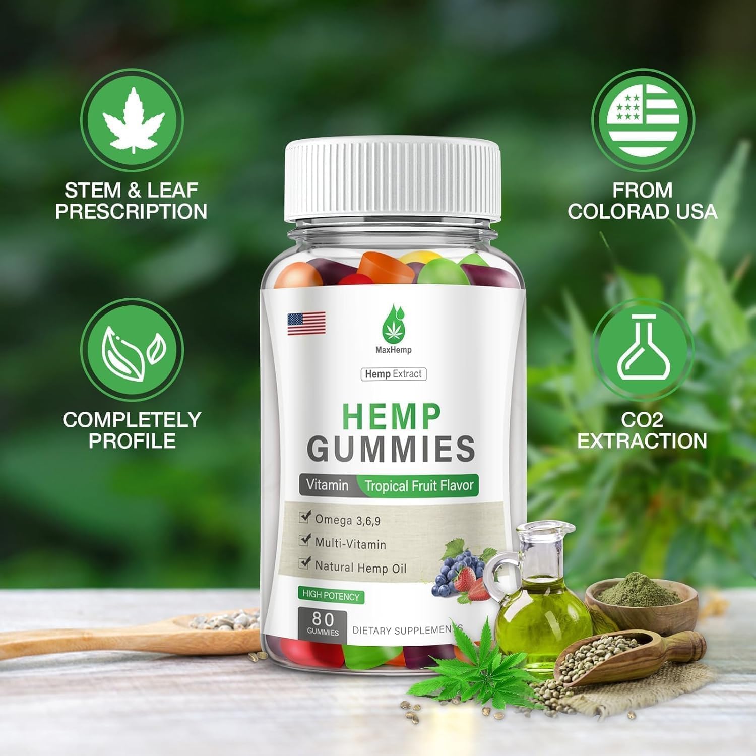 MaxHemp gummies bottle closeup highlighting premium hemp extract