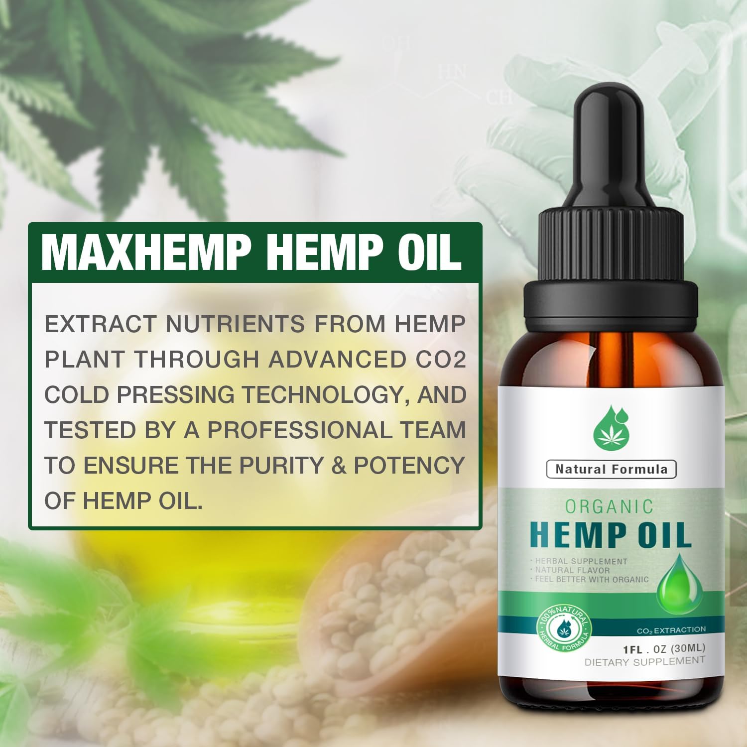 MaxHemp tincture bottle on countertop with dropper ready
