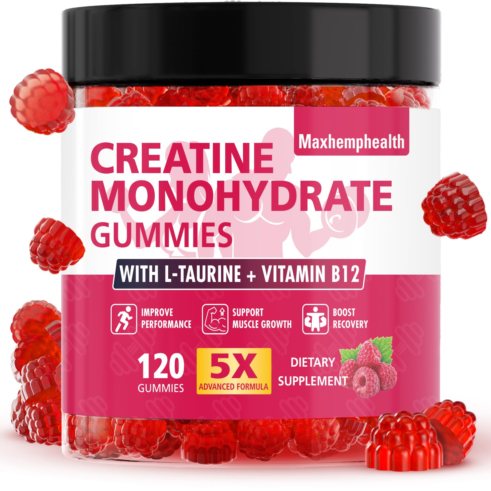 Maxhemphealth Raspberry Creatine Gummies pack shot for convenient daily performance