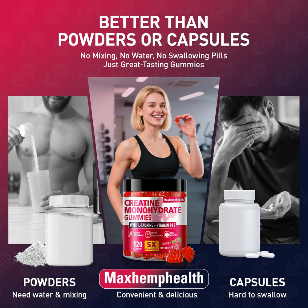 Maxhemphealth Raspberry Creatine Gummies bottle beside gym gear implying cognitive focus benefits