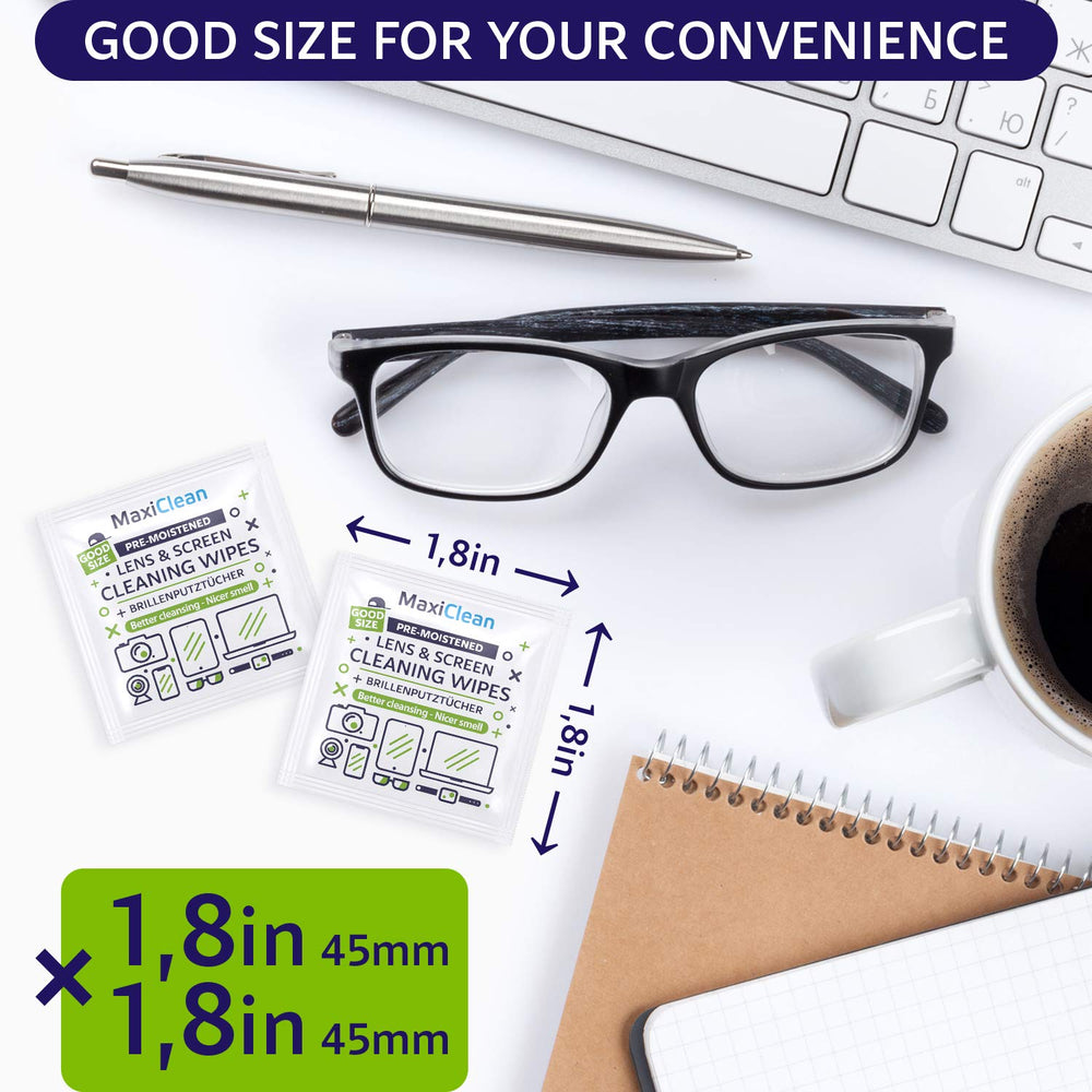 MAXI CLEAN 5.5 by 4.7 inch wipes for broad screen coverage.