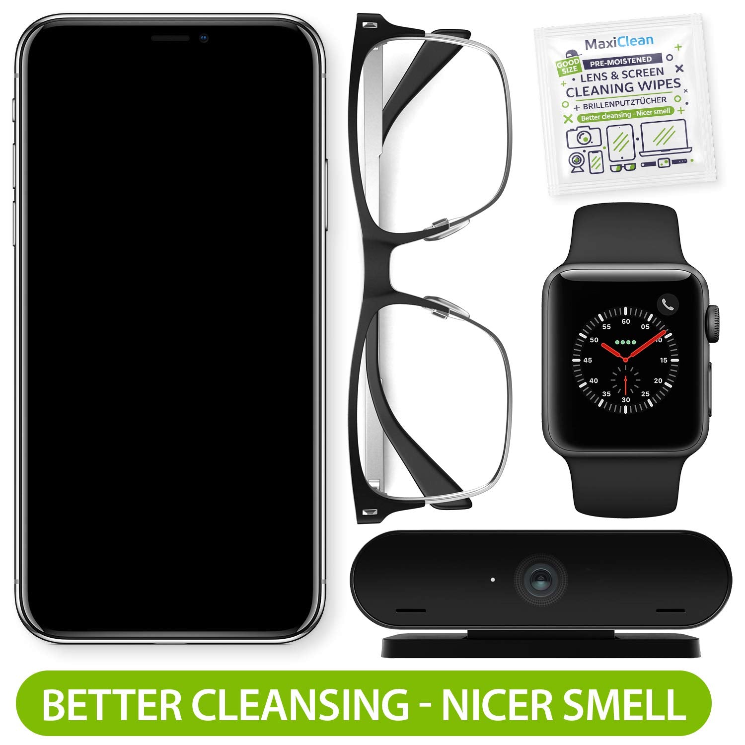 Eco-friendly MAXI CLEAN formula for safe screen cleaning on devices.