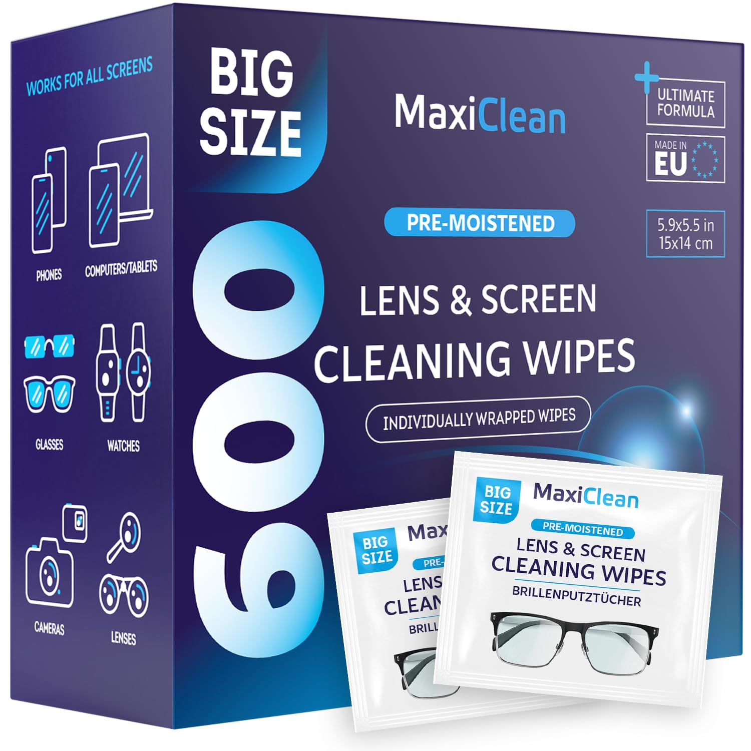 Maxi Clean glasses wipes 600-pack, portable cleaning on the go