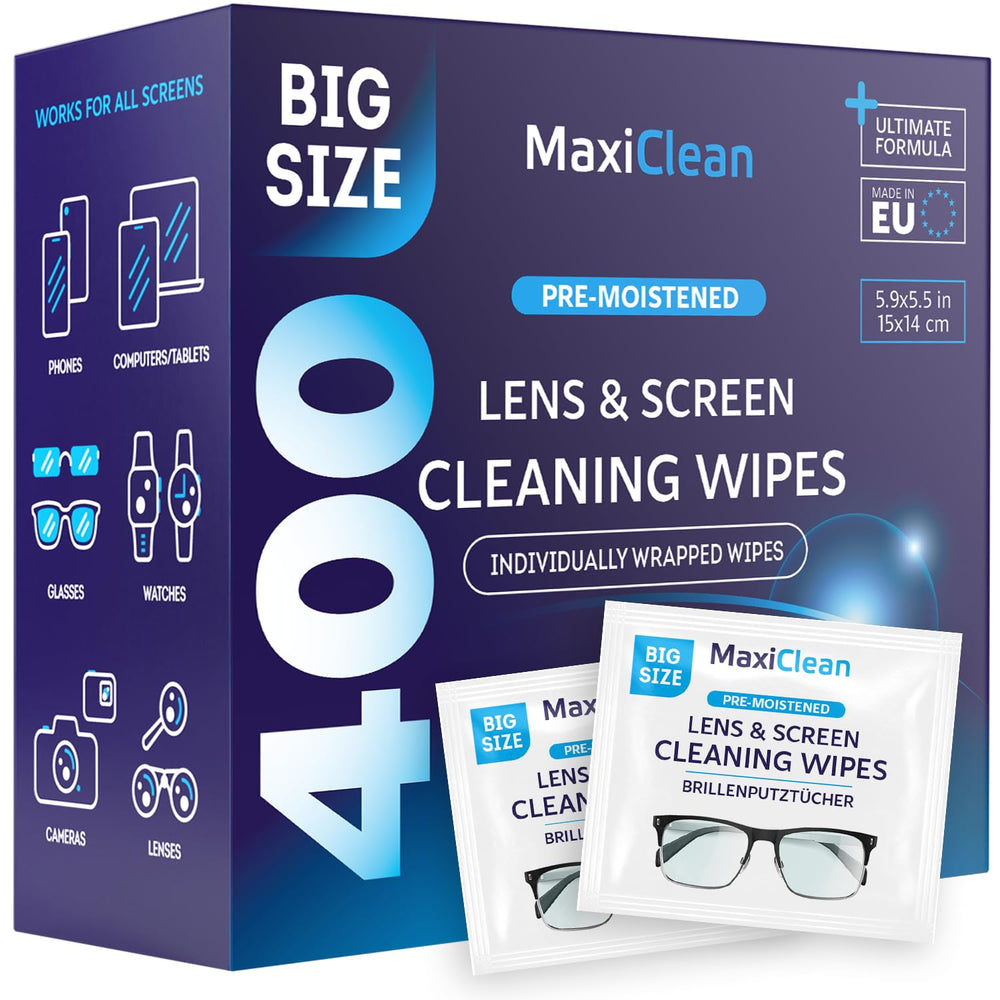 Maxi Clean glasses wipes in packfront for easy on-the-go lens cleaning.