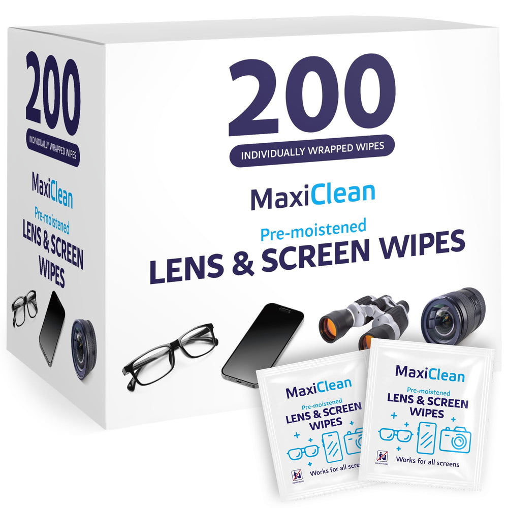 Maxi Clean lens wipes individually wrapped for on-the-go cleaning