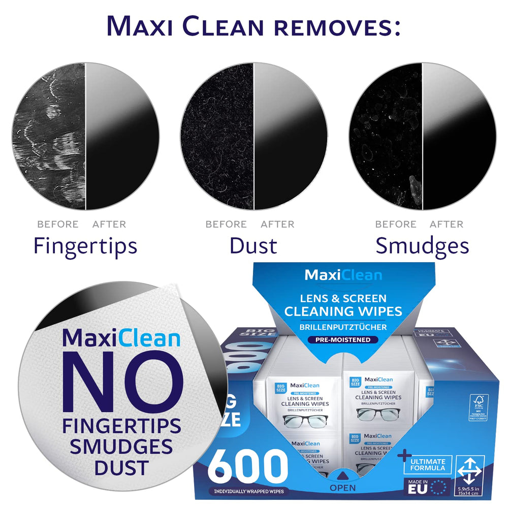 Maxi Clean precision lens wipes close-up, safe lens cleaning for cameras and glasses