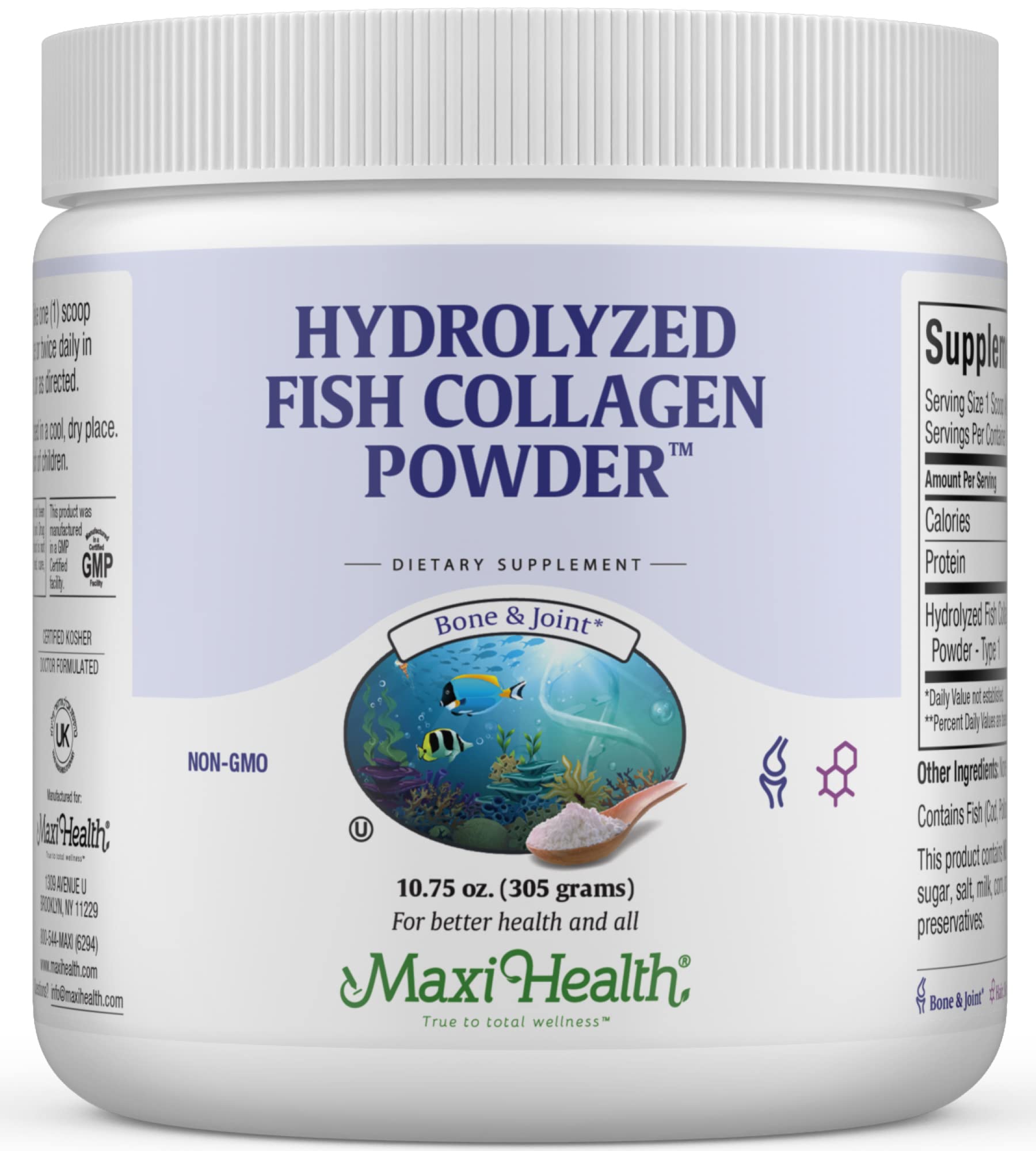 Maxi Health Collagen Peptides bottle; marine Type I collagen for skin and joints.