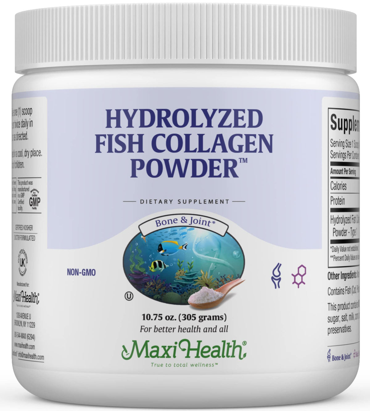 Maxi Health Collagen Peptides bottle; marine Type I collagen for skin and joints.